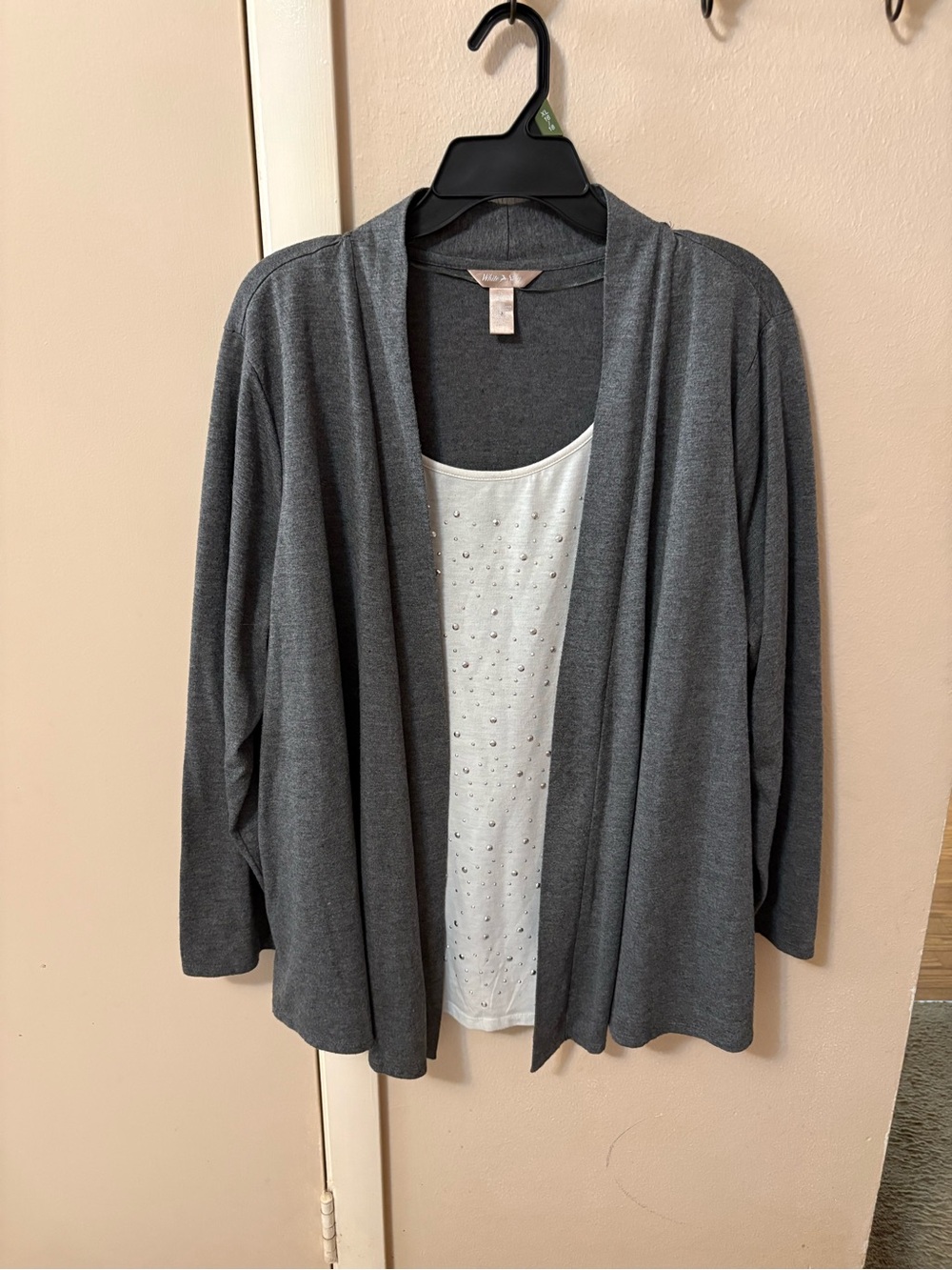 White Stag 2X Gray White Open Cardigan with attached Beaded Tank Sz 2X